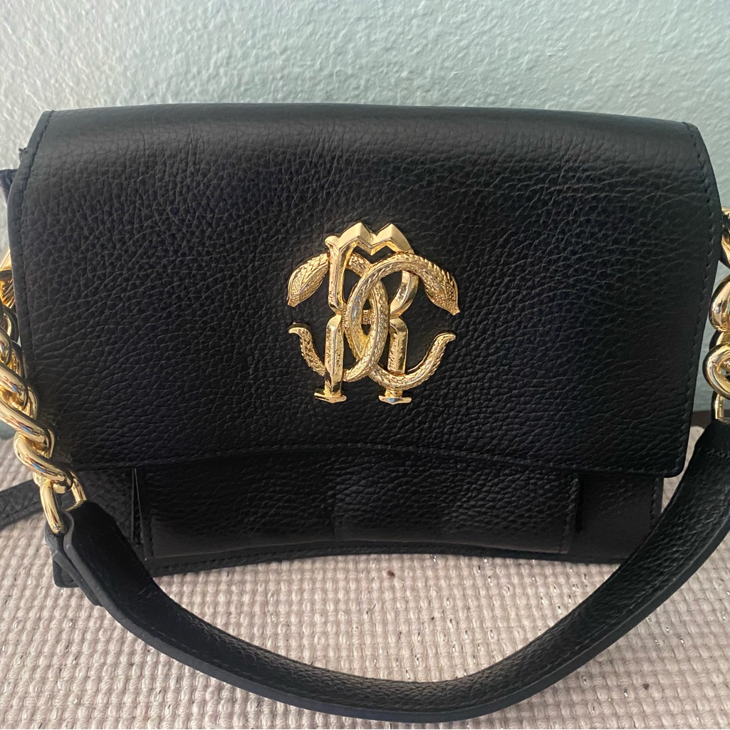 Roberto Cavalli Brand New Wot Black Leather Womens Bag With Gold Accents